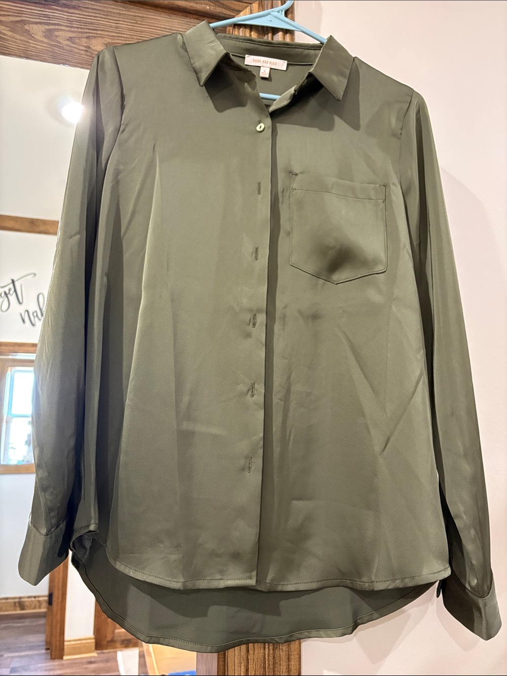 Skies Are Blue Olive Green Button-Down Shirt, 100% polyester, very soft